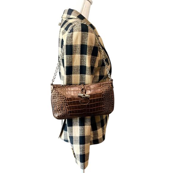 Longchamp Roseau Croc Embossed Leather Shoulder Baguette Bag Brown Vintage Y2K - Picture 5 of 10